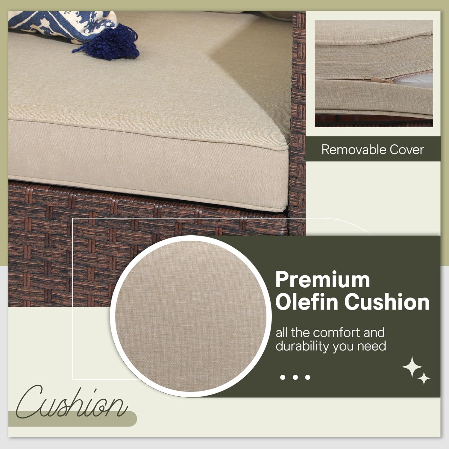 Close-up of a beige olefin cushion with a visible zipper for removable cover