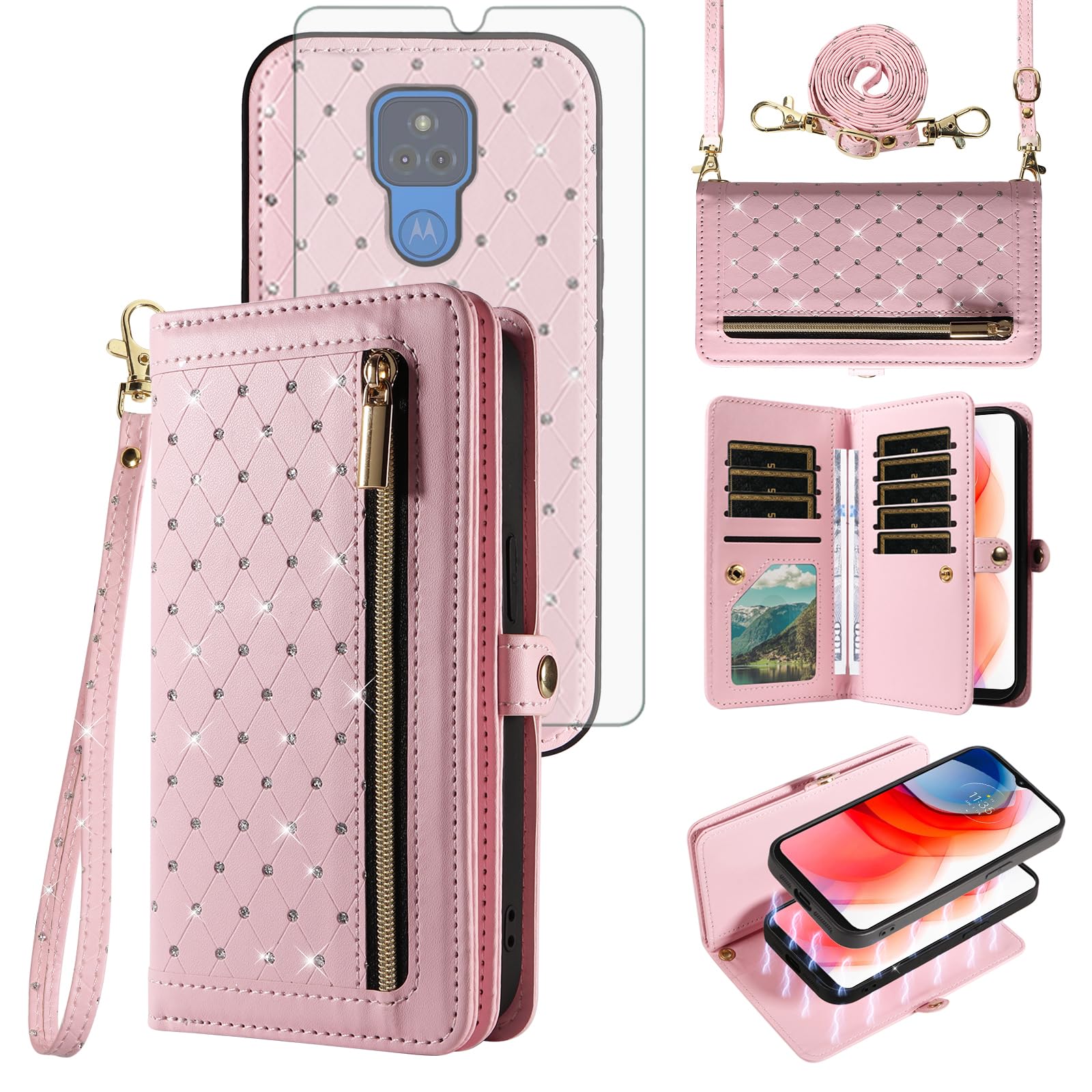 Asuwish Phone Case for Moto G Play 2021 Zipper Wallet Detachable Cell Cover with Screen Protector Crossbody Strap Bling Flip Credit Card Holder