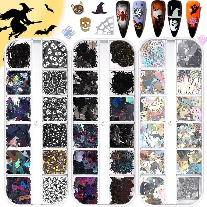 3 Boxes Halloween Nail Art Glitter Sequins, 3D Holographic Pumpkin Skull Ghost Spider Bat Witch Cross Soft Clay Glitter for Acrylic Nails Design Party