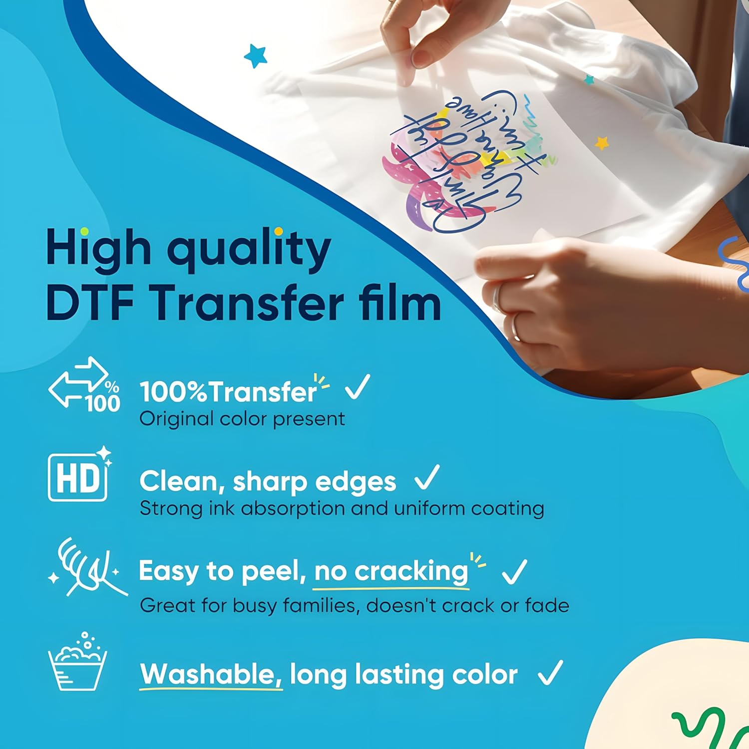 NGOODIEZ DTF Transfer Film - Double-Sided Heat Transfer Paper for T Shirts, Matte Clear DTF Transfer Paper Used on DTF Transfer Printer, Vivid Color Transfer Sheets, A4 (8.3" x 11.7") 100 Sheets