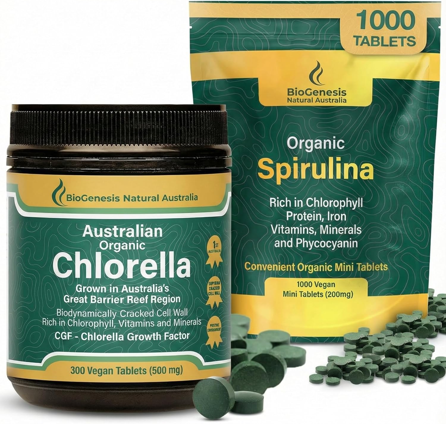 Biogenesis Organic Spirulina & Chlorella Bundle | Australian Grown | 1000 Spirulina Mini Tabs (200mg) + 300 Chlorella Tablets (500mg) | Rich in Chlorophyll & Phycocyanin | Daily Vegan Superfood Pack