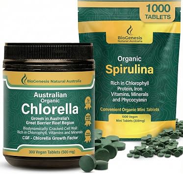 Biogenesis Organic Spirulina & Chlorella Bundle | Australian Grown | 1000 Spirulina Mini Tabs 200mg + 300 Chlorella Tablets 500mg | Rich in Chlorophyll & Phycocyanin | Daily Vegan Superfood Pack