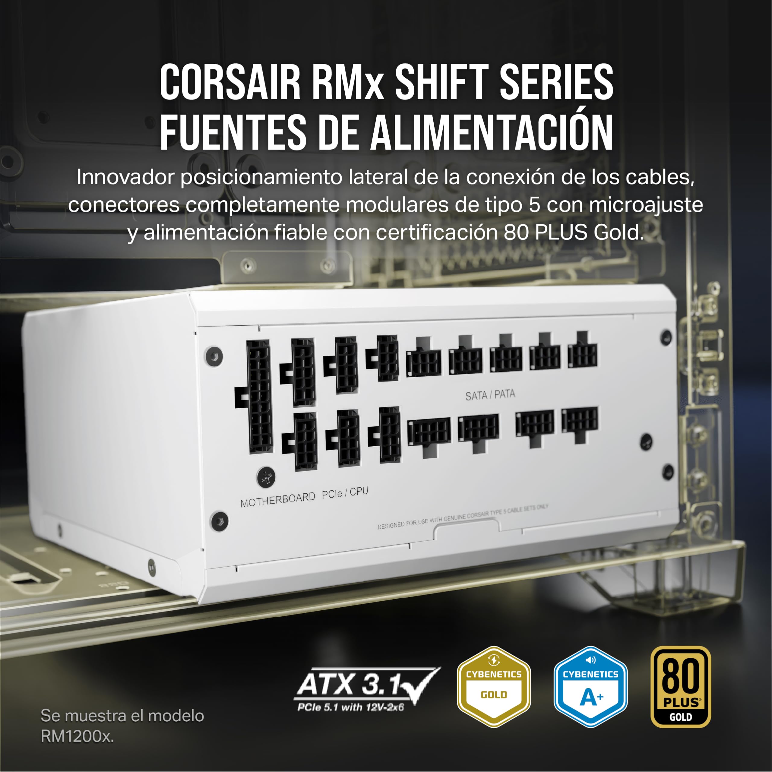 CORSAIR RM750x Shift Fuente de Alimentación ATX Totalmente Modular - Interfaz Lateral Modular - Compatible con ATX 3.1 y PCIe 5.1 - Modo Ventilador a Cero RPM - Eficiencia 80 Plus Gold - Blanco