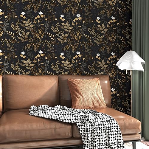Miniatura 2 de Papel tapiz floral negro para despegar y pegar, papel tapiz de hojas de oro, papel de contacto para gabinetes, papel de pared autoadhesivo