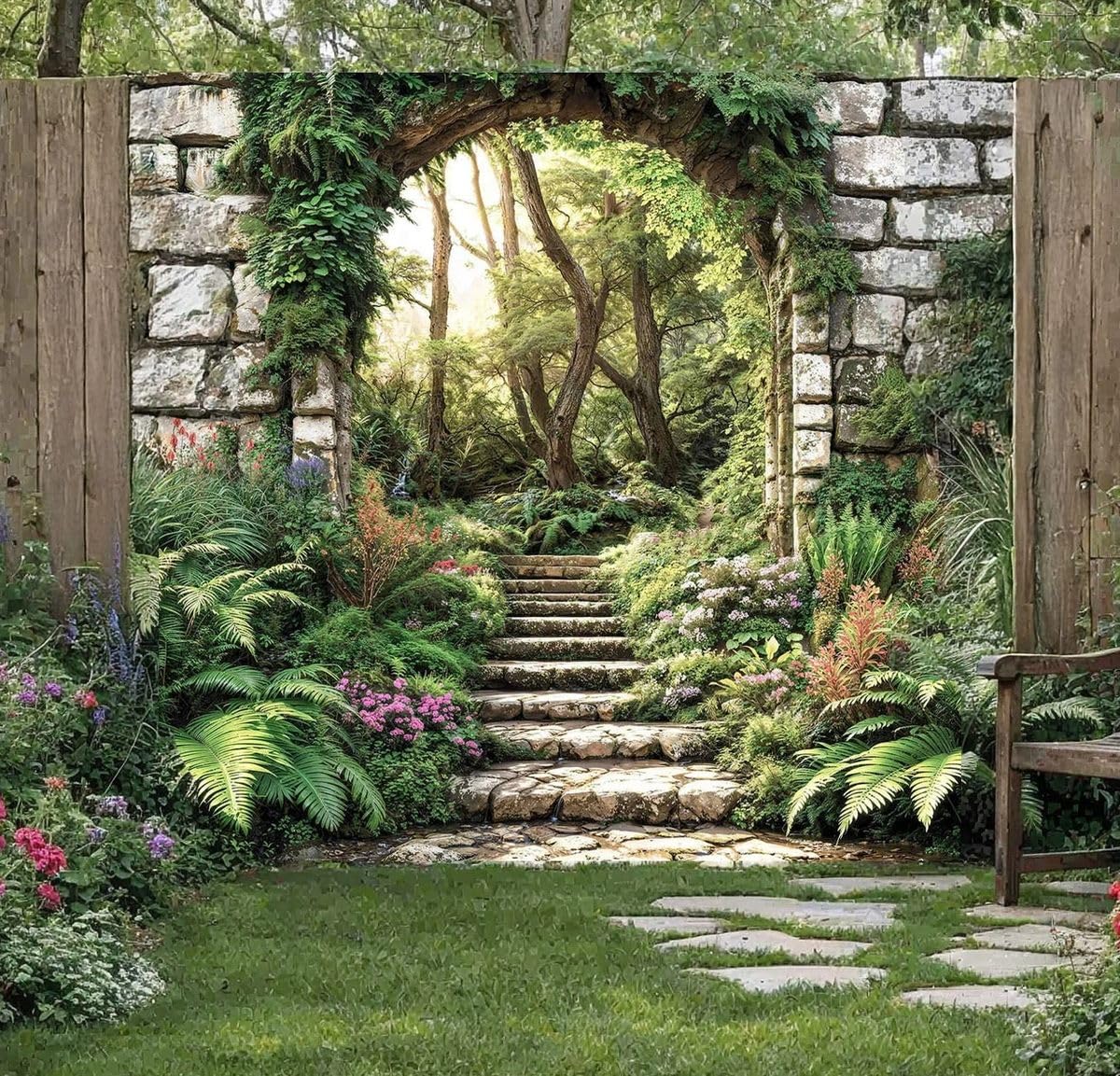 Sabrikas Let Your Creative Spirit Run Free Earthy Tones Enchanted Stone Arch Woodland Garden Mural, Tapestry & Curtain Waterproof Outdoor Wall Hanging, Secret Garden Wall Art & Fence Decor W70.87 Inches X H70.87 Inches