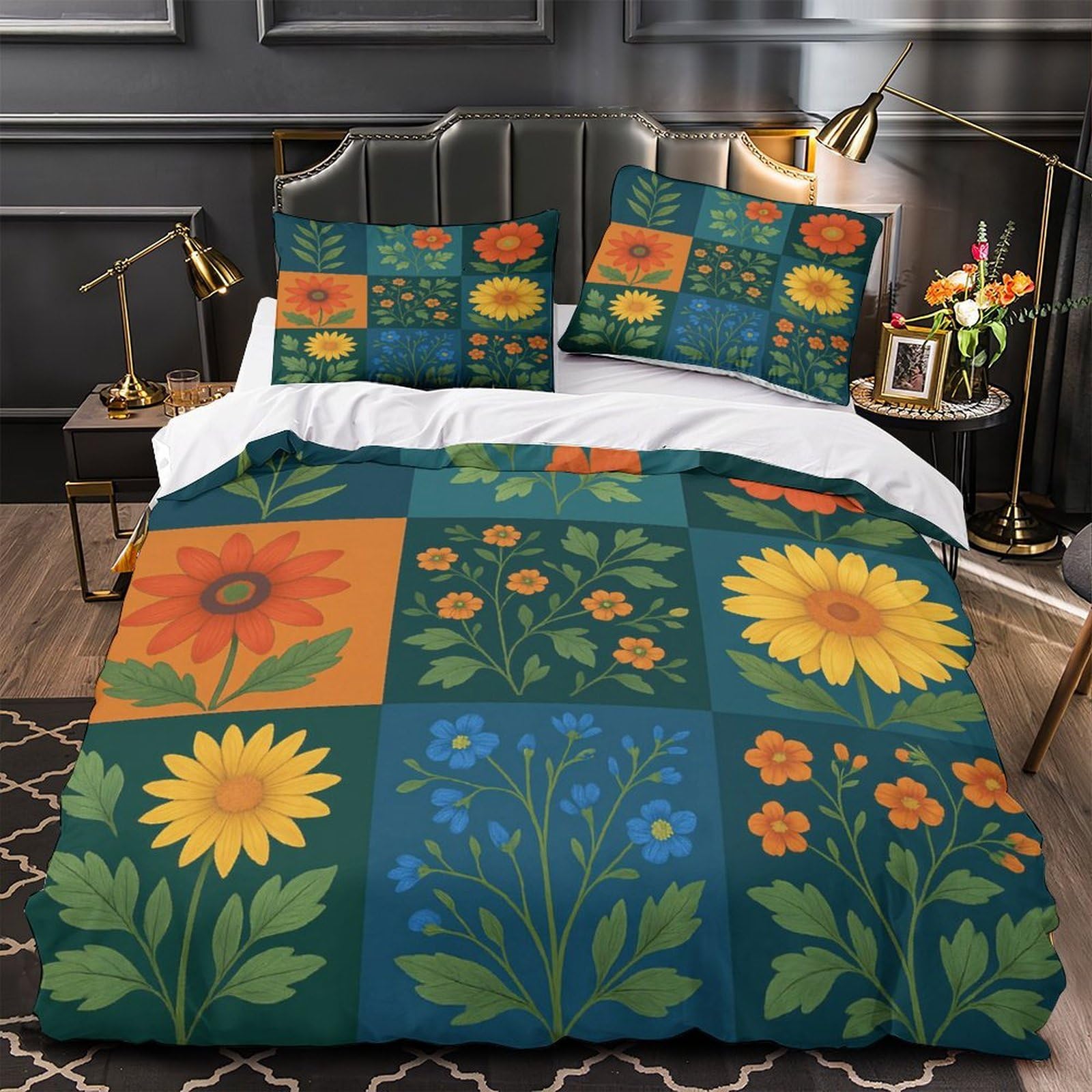 Parure de lit botanique 135x200cm avec illustration florale 3D haute définition