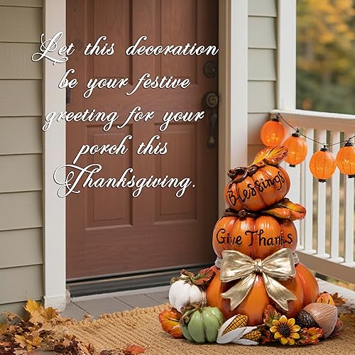 Vista 6 de Hodao Decoración de calabaza de Acción de Gracias, figura de calabaza apilada de resina con letrero de agradecimiento, decoración de cosecha