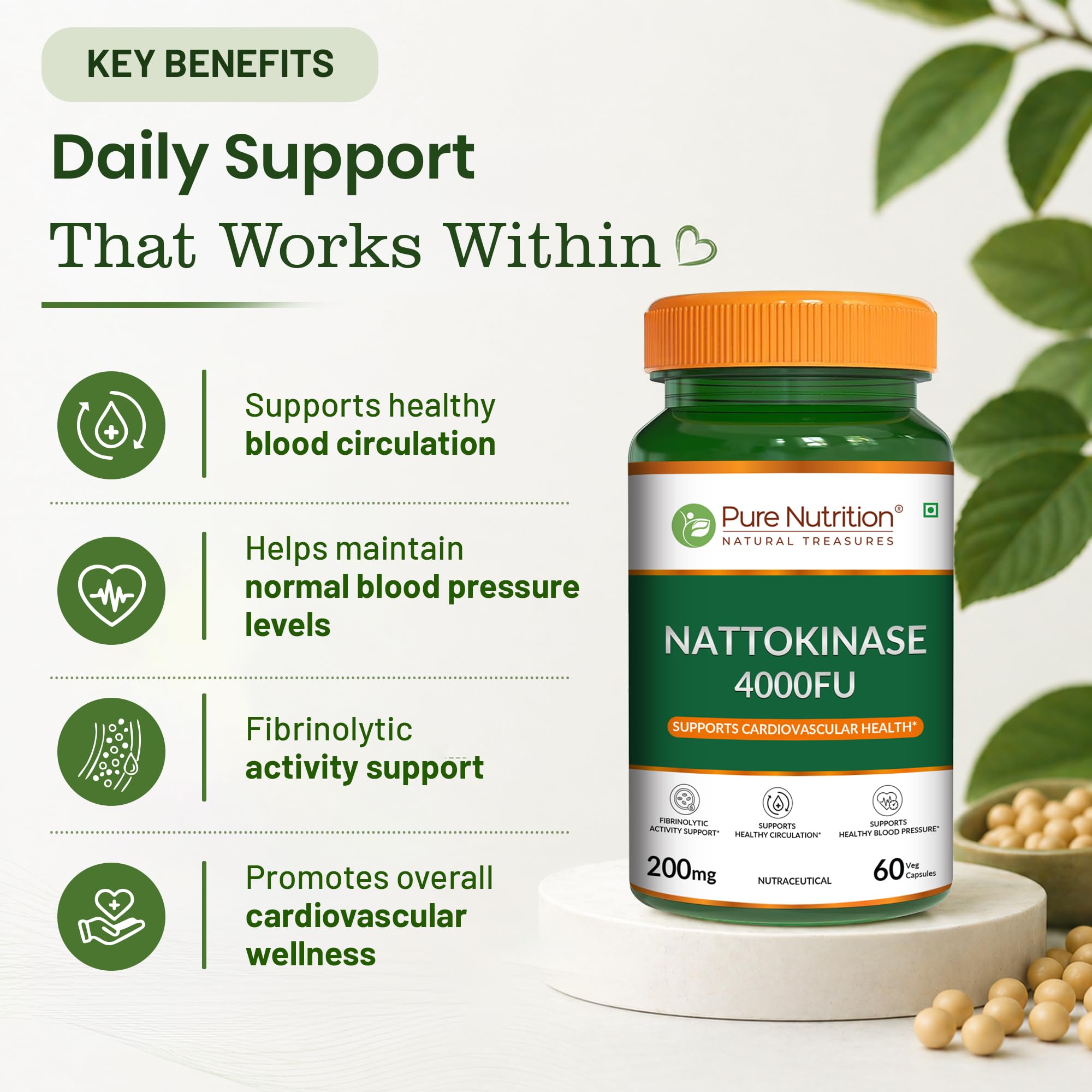 Pure Nutrition Nattokinase 4000 FU 200mg 60 Veg Capsules | Fermented Soy Natto Extract Enzyme | Cardiovascular & Circulation Support Supplement | High Potency Fibrinolytic Formula 2