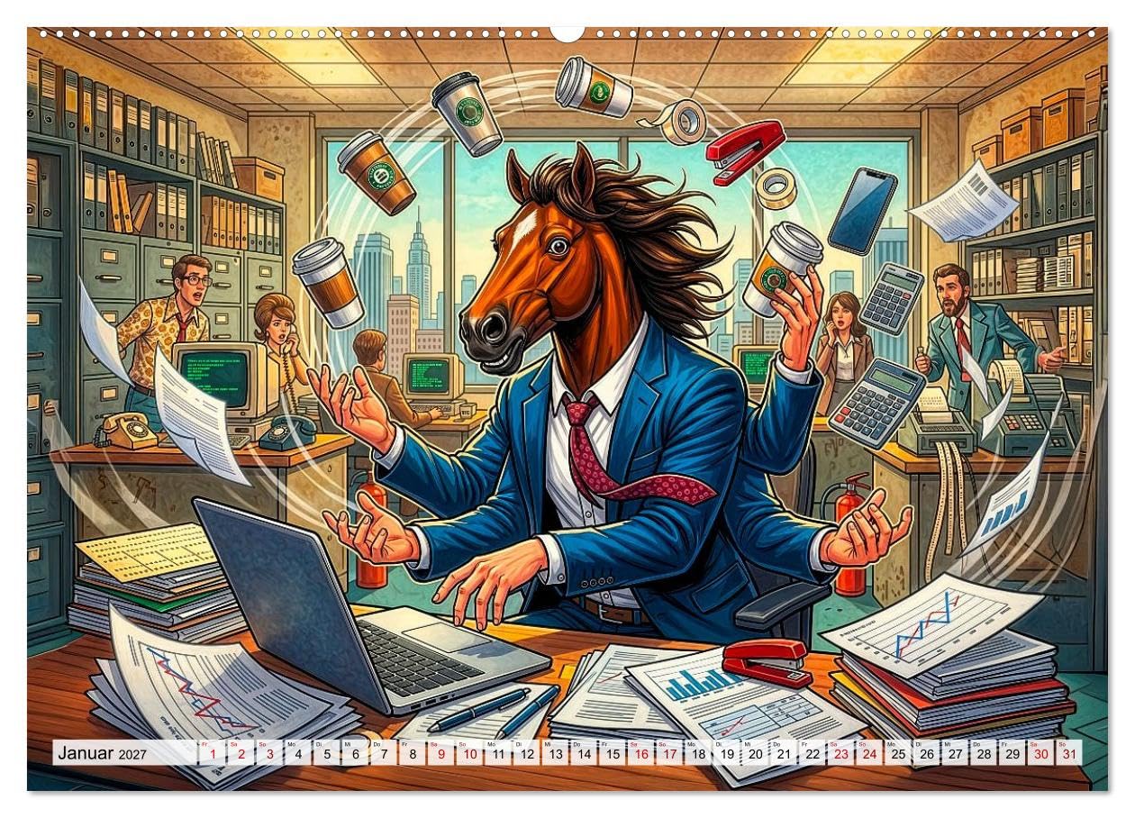 CALVENDO - Bürohengste - Lustiger Büro‑Kalender (Wandkalender 2027 DIN A2 quer), Monatskalender: Ein witziger Blick auf den täglichen Büro‑Wahnsinn, voller überzeichneter Pferde‑Charaktere, die den Ar