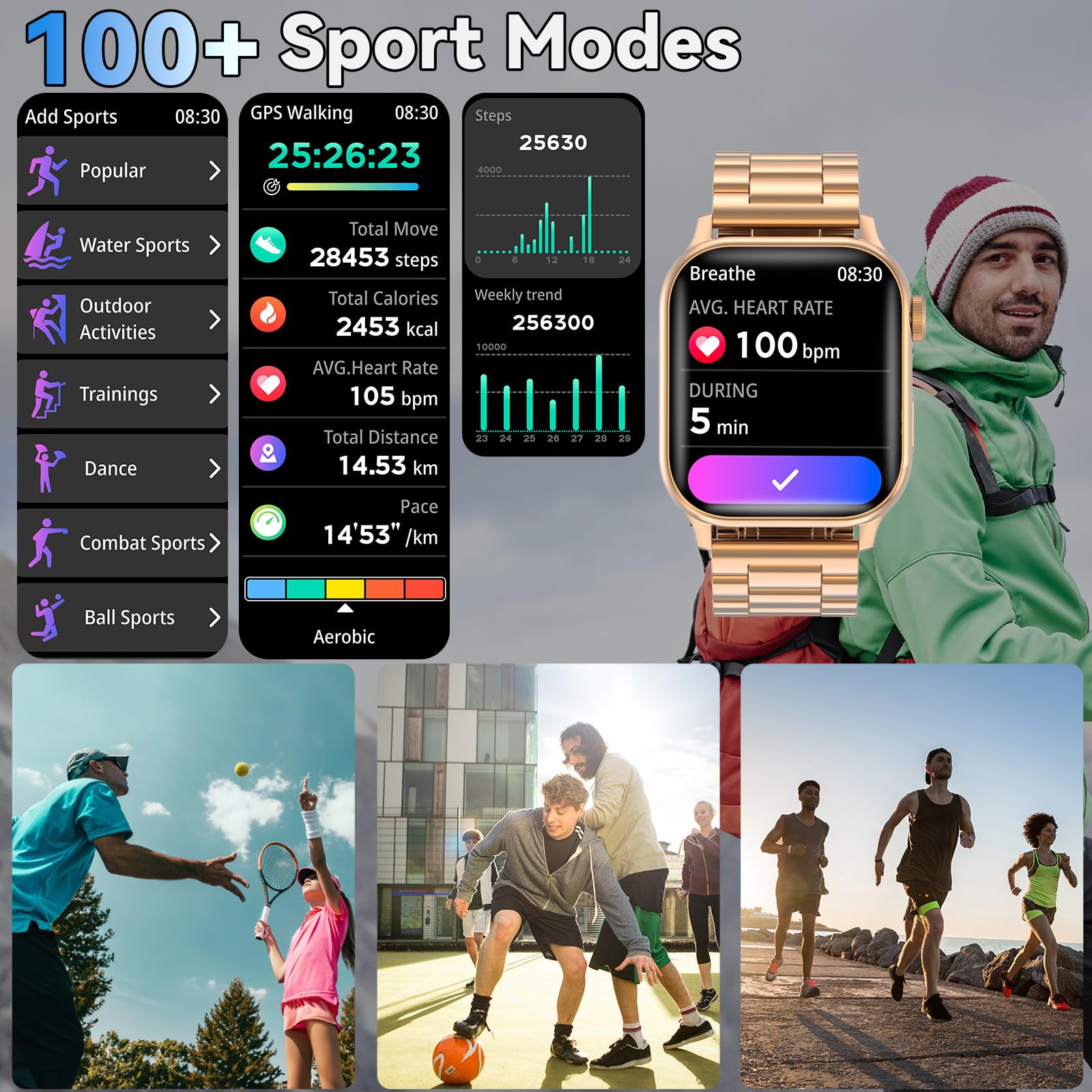 Montre Connectée Homme Femme, avec 2 Bracelets Réglables, la Fonction D'appel et L'assistant Vocal, 100+ Modes Sportifs, Smartwatch, Compatible avec Android et iOS, Dorée
