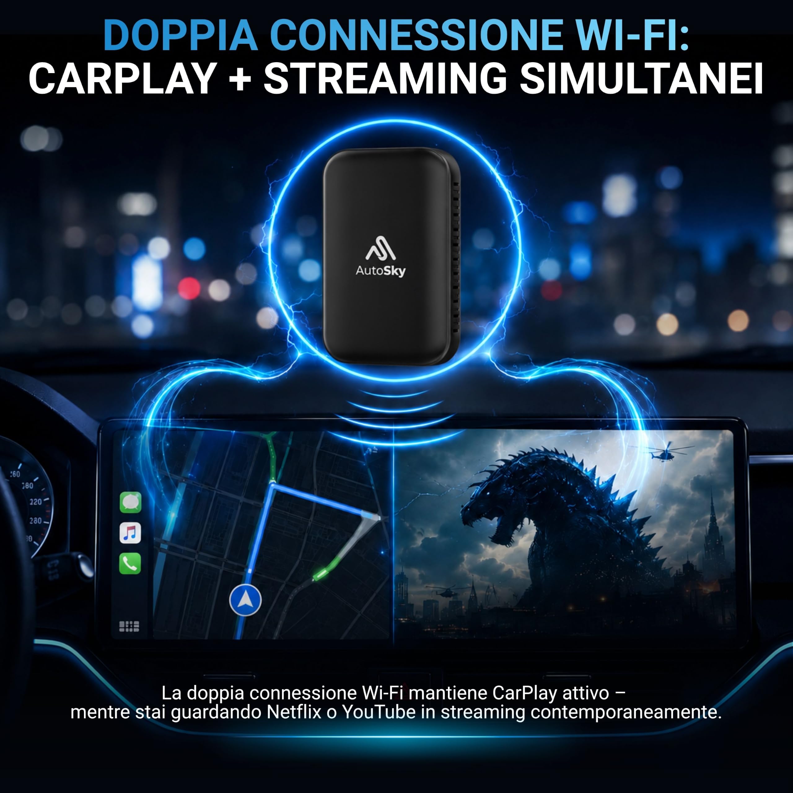 AutoSky Wireless CarPlay & Android Auto AI Box Lite Plus 2.0, Streaming Box con Netflix & YouTube, Adattatore multimediale Plug & Play per auto