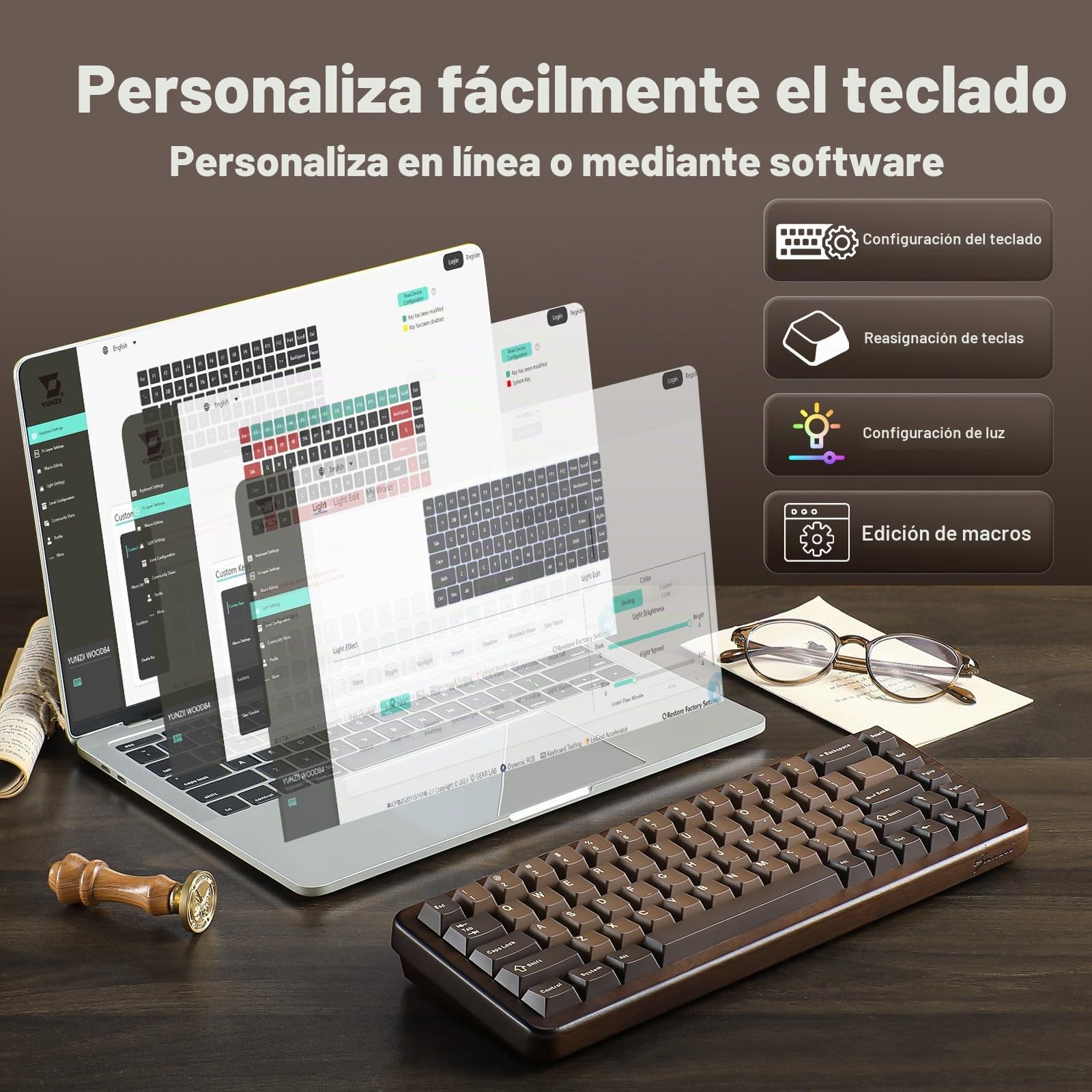 YUNZII WOOD68 Teclado Mecánico Inalámbrico 65% de Madera (Candy) | Bluetooth/2.4G/USB-C, Retroiluminación RGB, Montaje Tray, Hot-Swap con Teclas PBT Keyboard US ANSI para Mac/PC