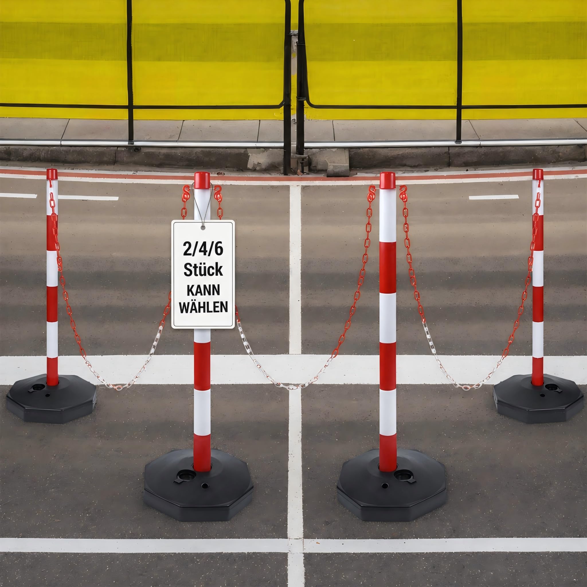 Zestaw 6 słupków z tworzywa sztucznego z paskami odblaskowymi, napełniana podstawa i łańcuch z tworzywa sztucznego dla stabilnych blokad, łatwy transport na parkingu, prowadzeniu osób i