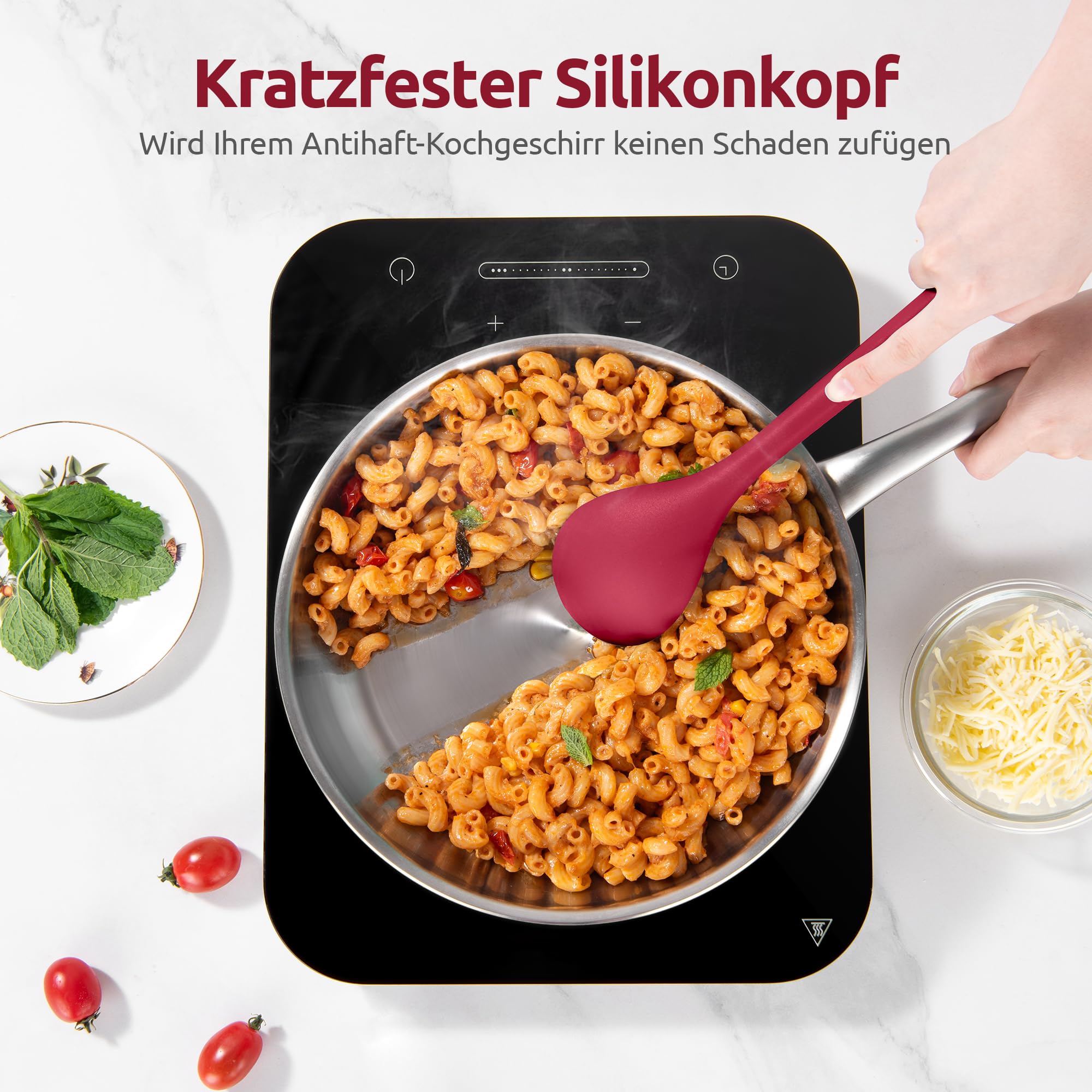 U-Taste 5 Stück Silikon Küchenhelfer, 315℃ hitzebeständiger, Rot | Kochutensilien, antihaftbeschichtetes Pfannenwender Löffel zum Mischen Servieren Braten Rühren
