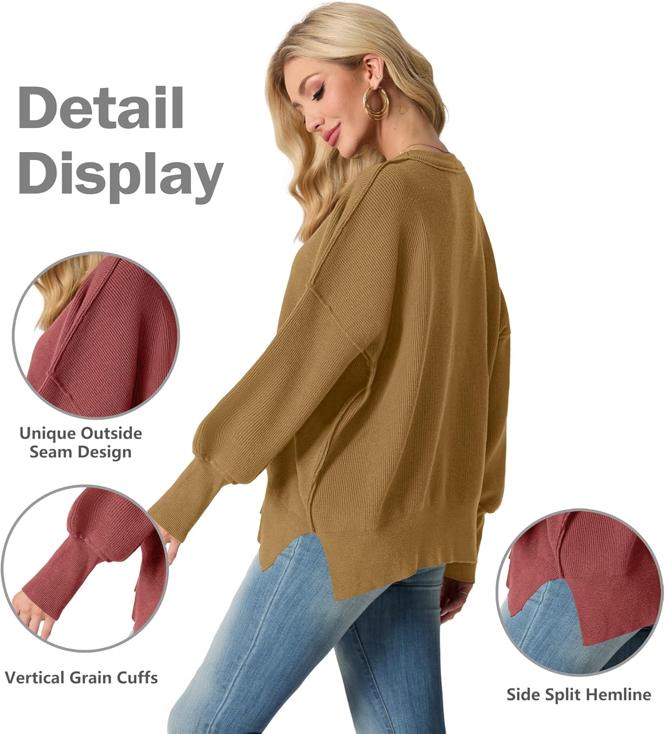 Womens Crewneck Batwing Long Sleeve Sweaters Fall 2025 Oversized Side Slit Ribbed Knit Sweaters Pullover Tops - Image 3