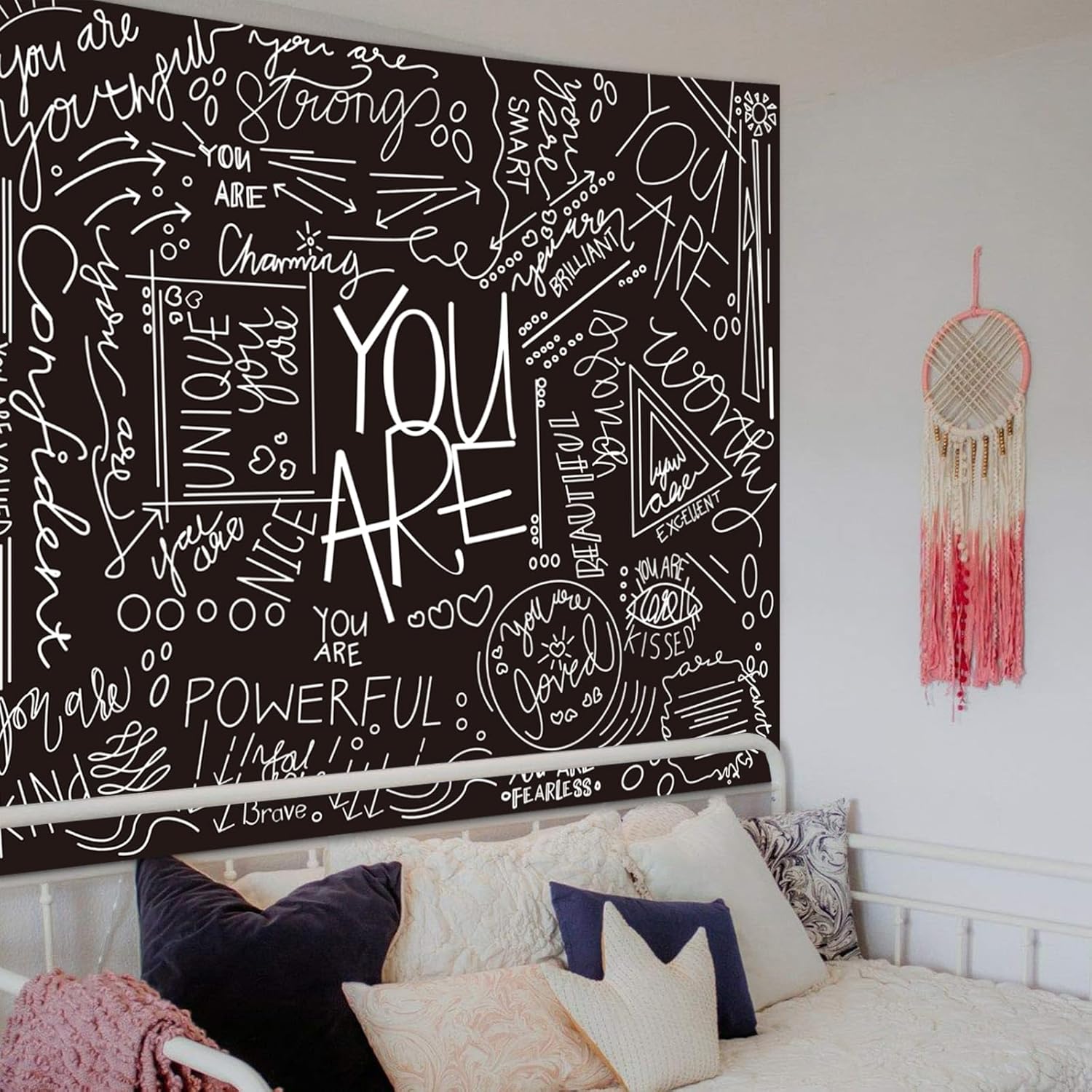 Miytal Quote You Are Inspirational Wall Tapestry, Positive Saying Wall Art Wall Hanging Black Aesthetic Tapestry for Teen Girl Bedroom Dorm 51.2 x 59.1 Inches - Black