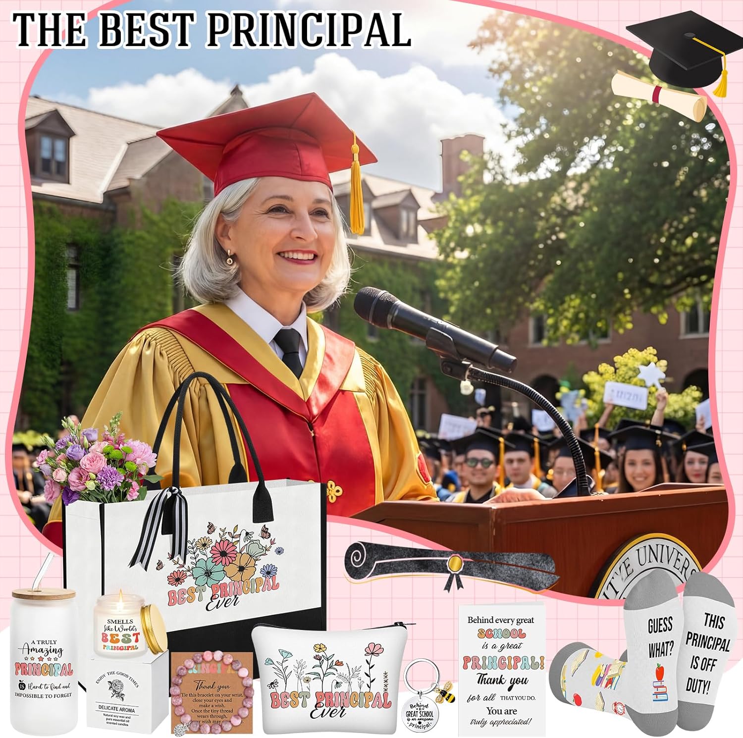 Aliceset 8 Pcs Principal Appreciation Gifts for Women Canvas Tote Bag Tumbler Keychain Makeup Bag Bracelet Greeting Card Scented Candle Socks for School Principal Day Birthday Retirement Graduation