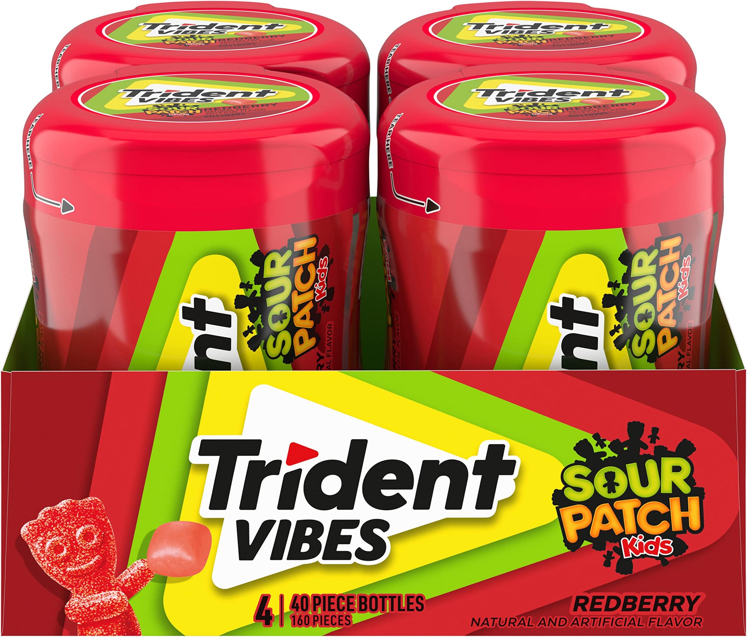 Vibes SOUR PATCH KIDS Redberry Sugar-Free Chewing Gum, 4-40 Piece Bottles (160 Total Pieces)