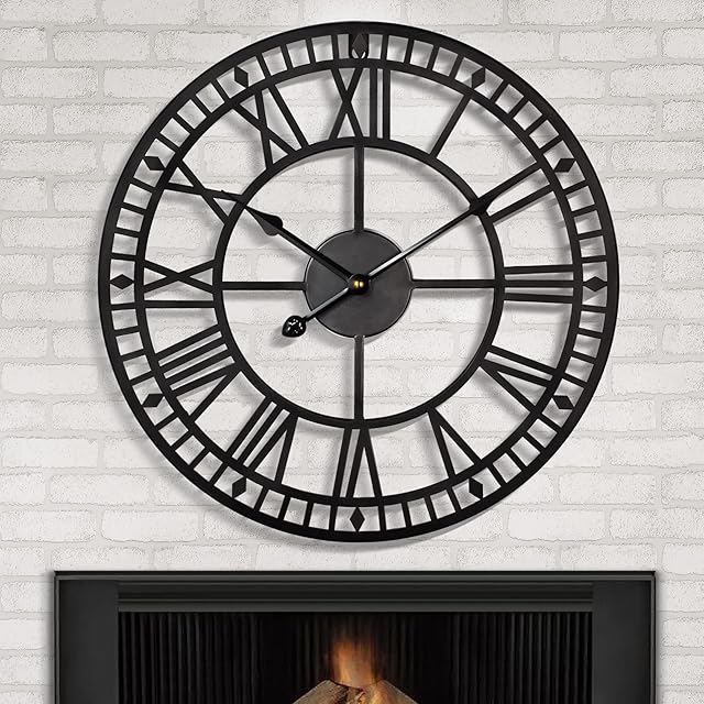 Large Metal Iron Retro Wall Clock Silent Non-Ticking Battery Operated Vintage Metal Roman Numerals Round Modern Clocks For Living Room Decor -Black 40cm