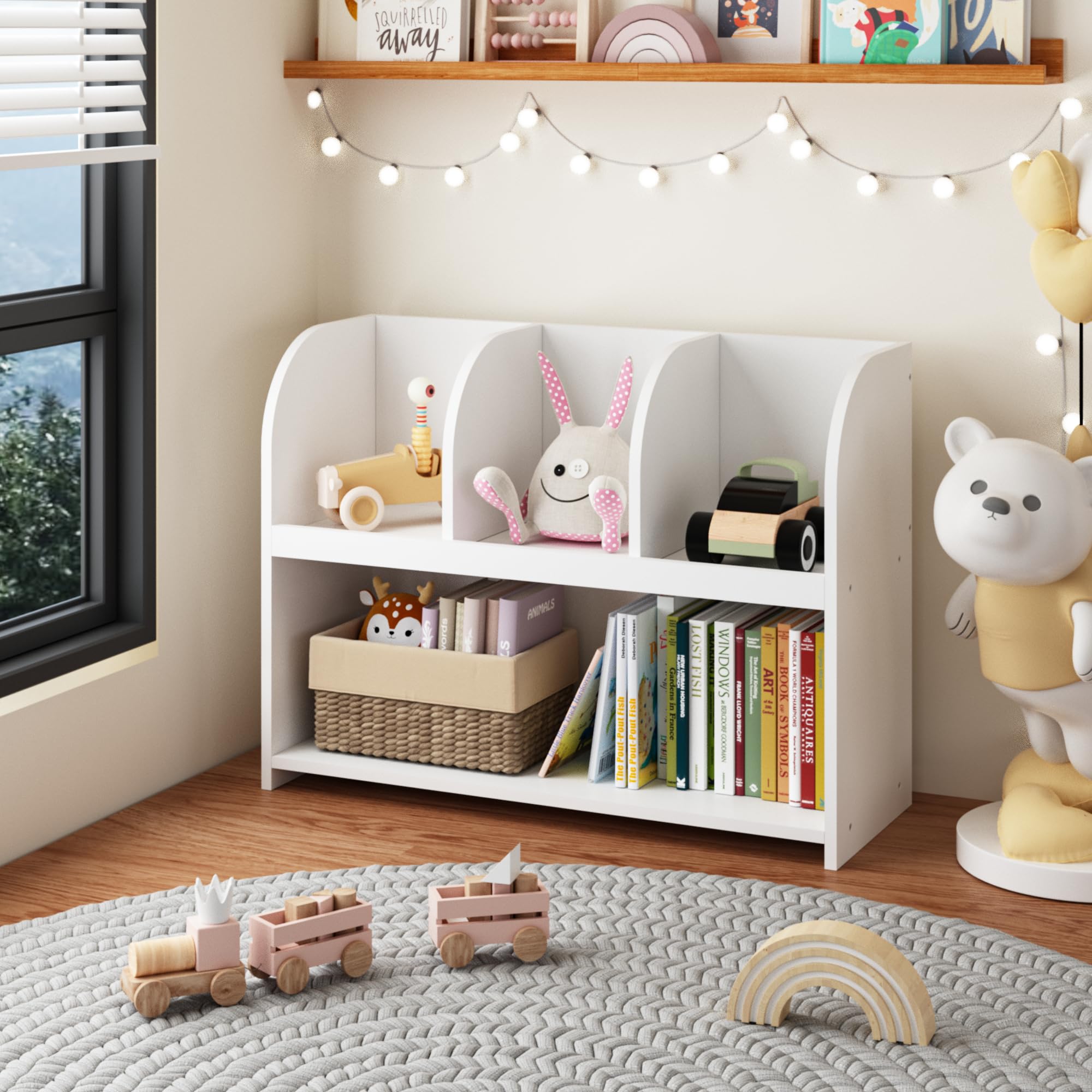 aphrophina Space-Saving Kids Bookcase with 4 Compartments for Organized Storage, White MDF Shelving Unit for Books and Toys