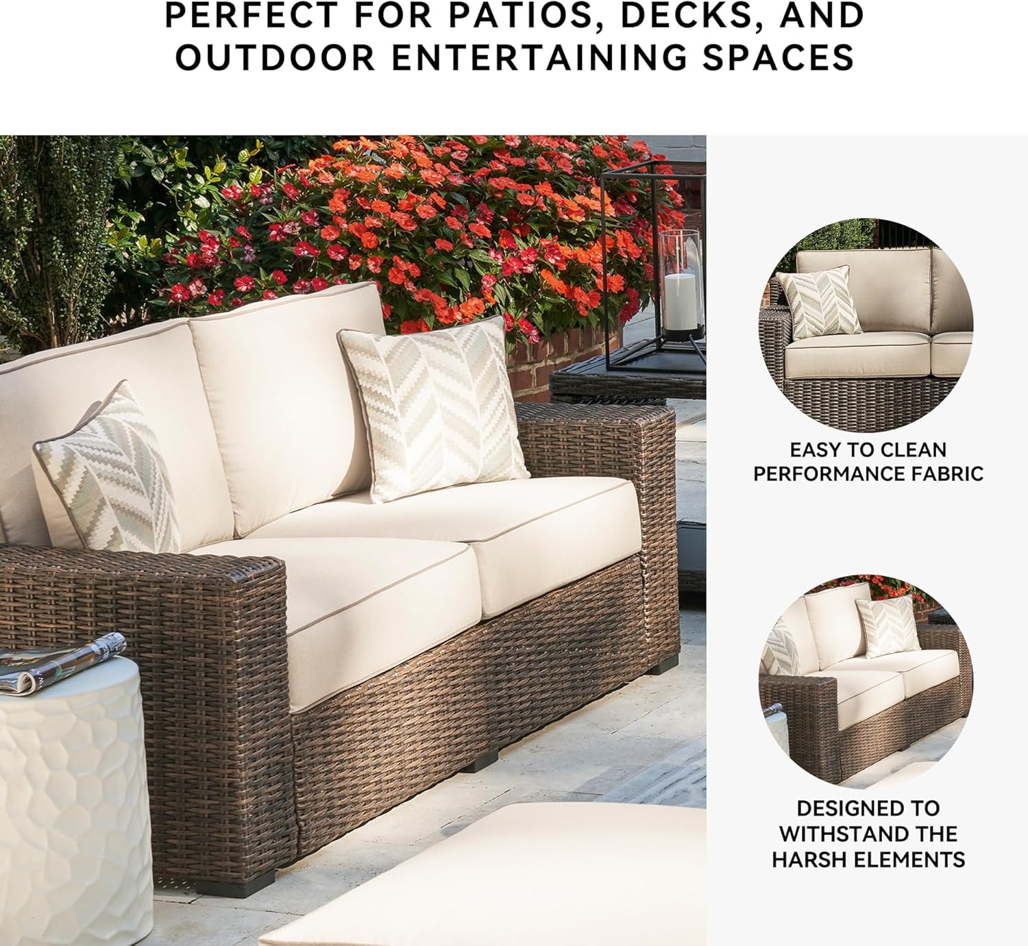 Signature Design by Ashley Coastline Bay Casual Weather Resistant Outdoor Loveseat with Cushion and 2 Throw Pillows, Nuvella Weather Resistant Fabric, Beige & Dark Brown