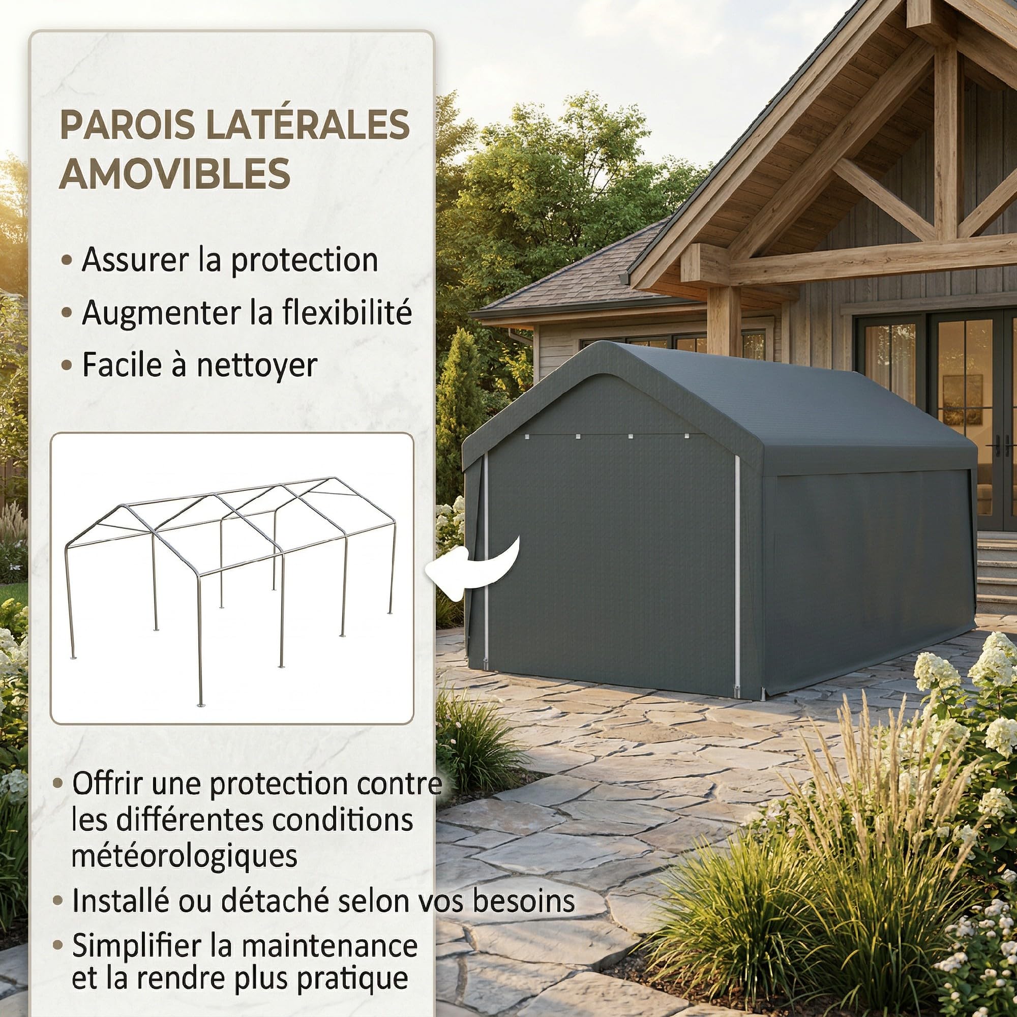 Outsunny Carport Tente de Garage 3 x 6 m, abri Voiture extérieur avec parois latérales Amovibles et 2 Portes zippées enroulables, Tente de Stockage carport pour Voiture, Camion et Bateau, Gris foncé