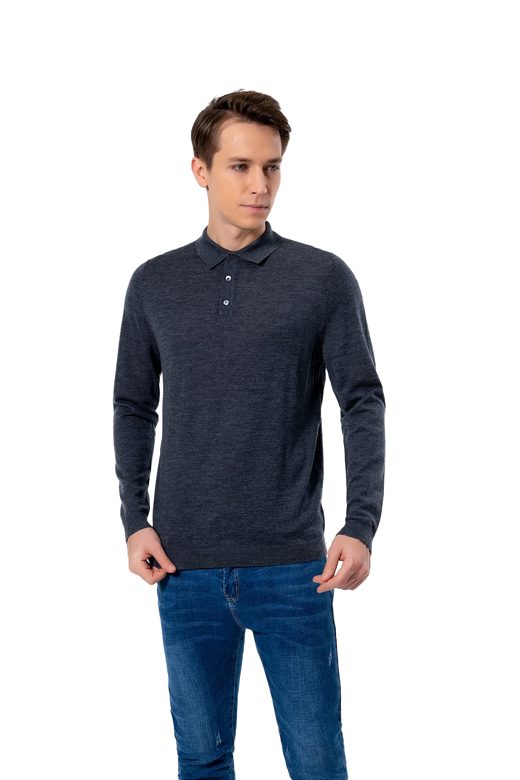 WOSICA Men's 100% Extrafine Merino Wool Long Sleeve Polo (Charcoal M)