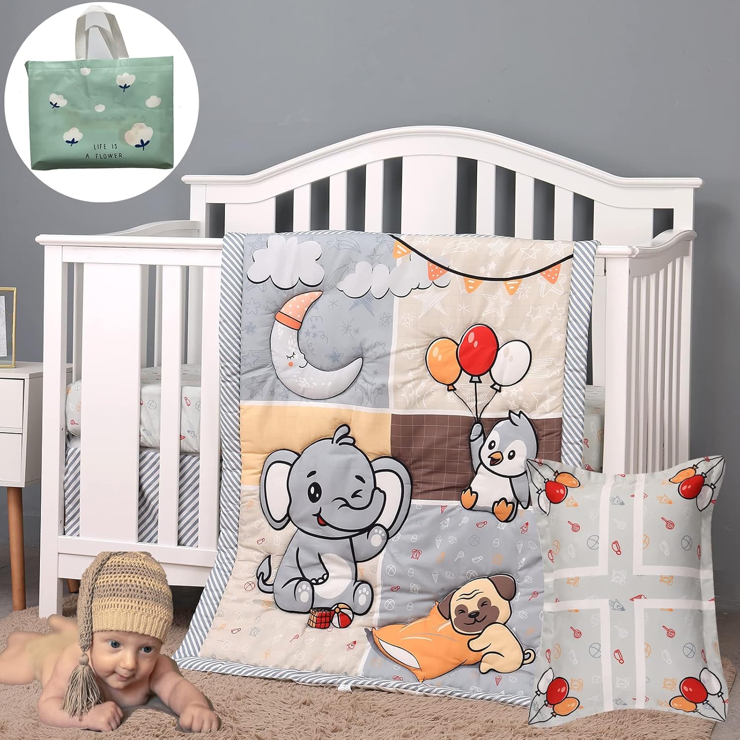 4 Piece Boho Breathable Soft Crib Bedding Set for Boys,Jungle Animals Nursery
