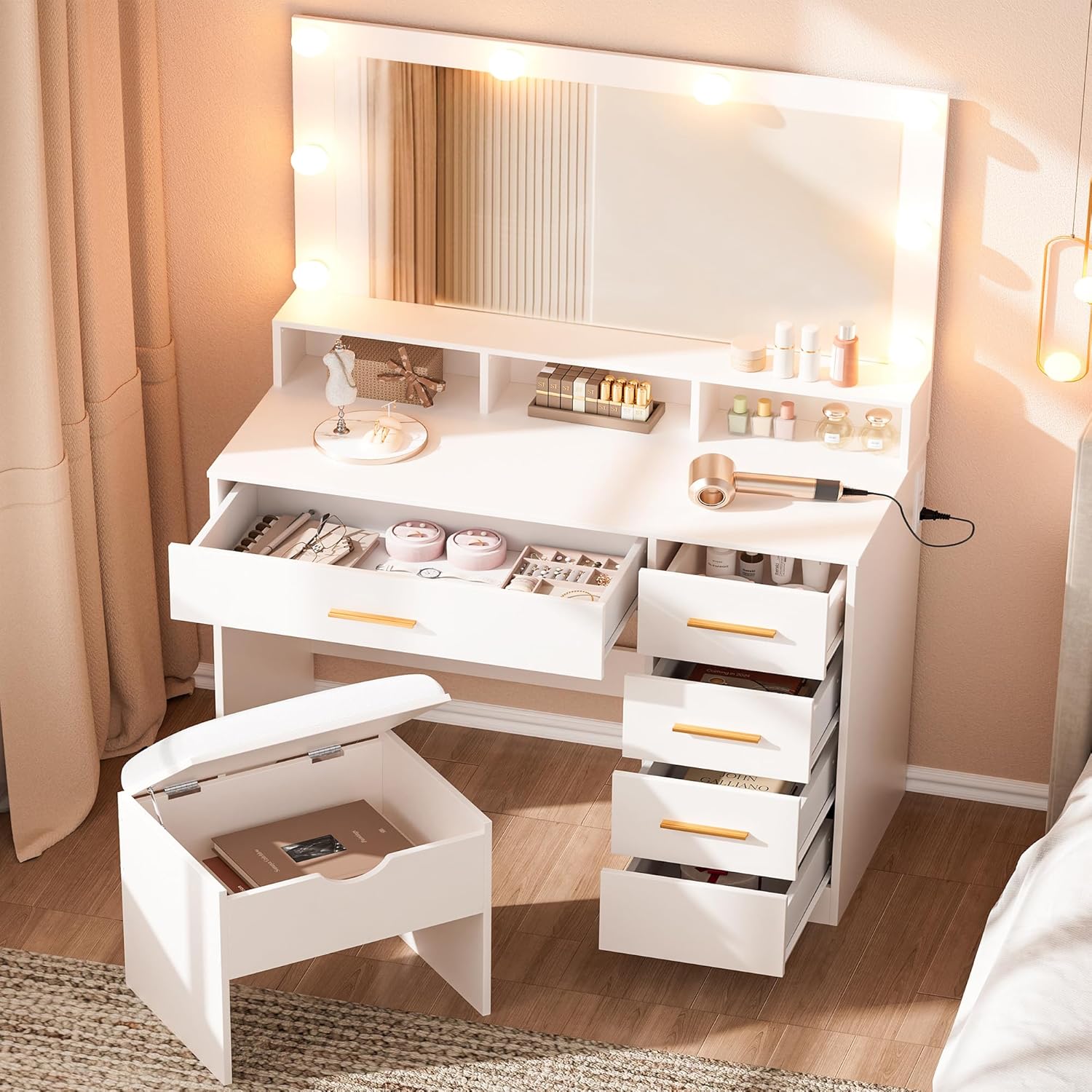 Vanity Desk with Mirror and Lights & Extral Foldable Desk, 31.5"-39.37" Makeup Vanity Table with 4 Drawers and 3 Open Shelves, Dressing Table for Bedroom, Black (White 8)