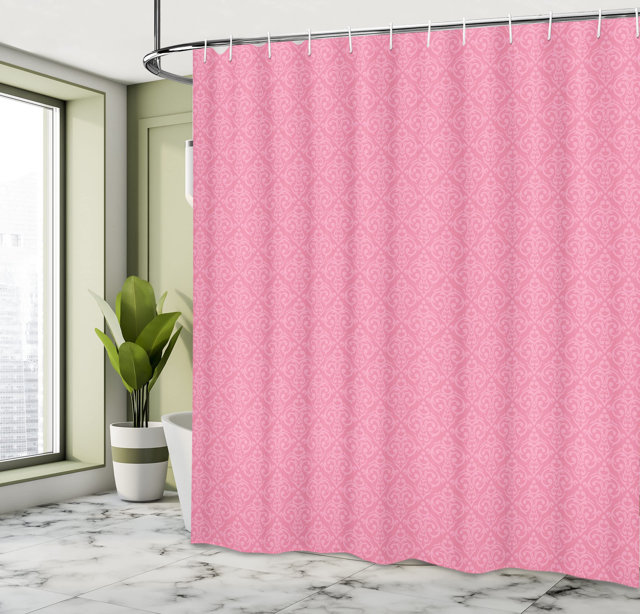 WELMECO Tenda Da Doccia Rosa Dahlia, 180x180 Cm, In Poliestere, Con 12 Ganci, Decorazione Bagno Rosa E Grigio