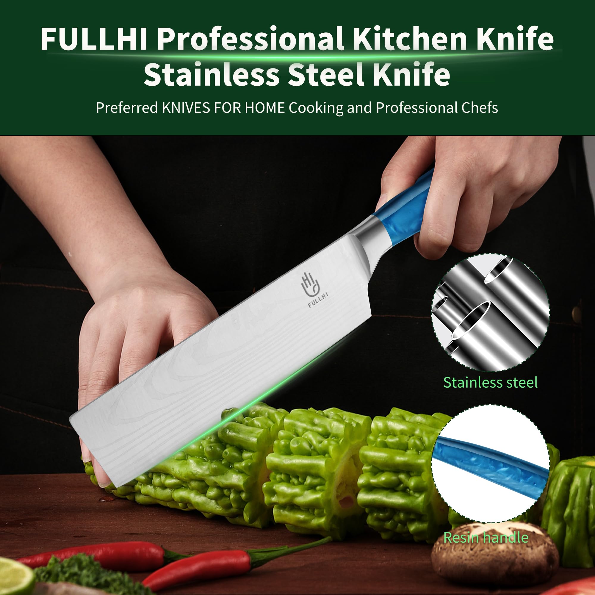FULLHI Cuchillo Nakiri, Multi Color 7inch Cuchillo Japonés con funda, Acero Inoxidable Cuchillo Cocina Carne Verdura con Guarda (Resina azul)