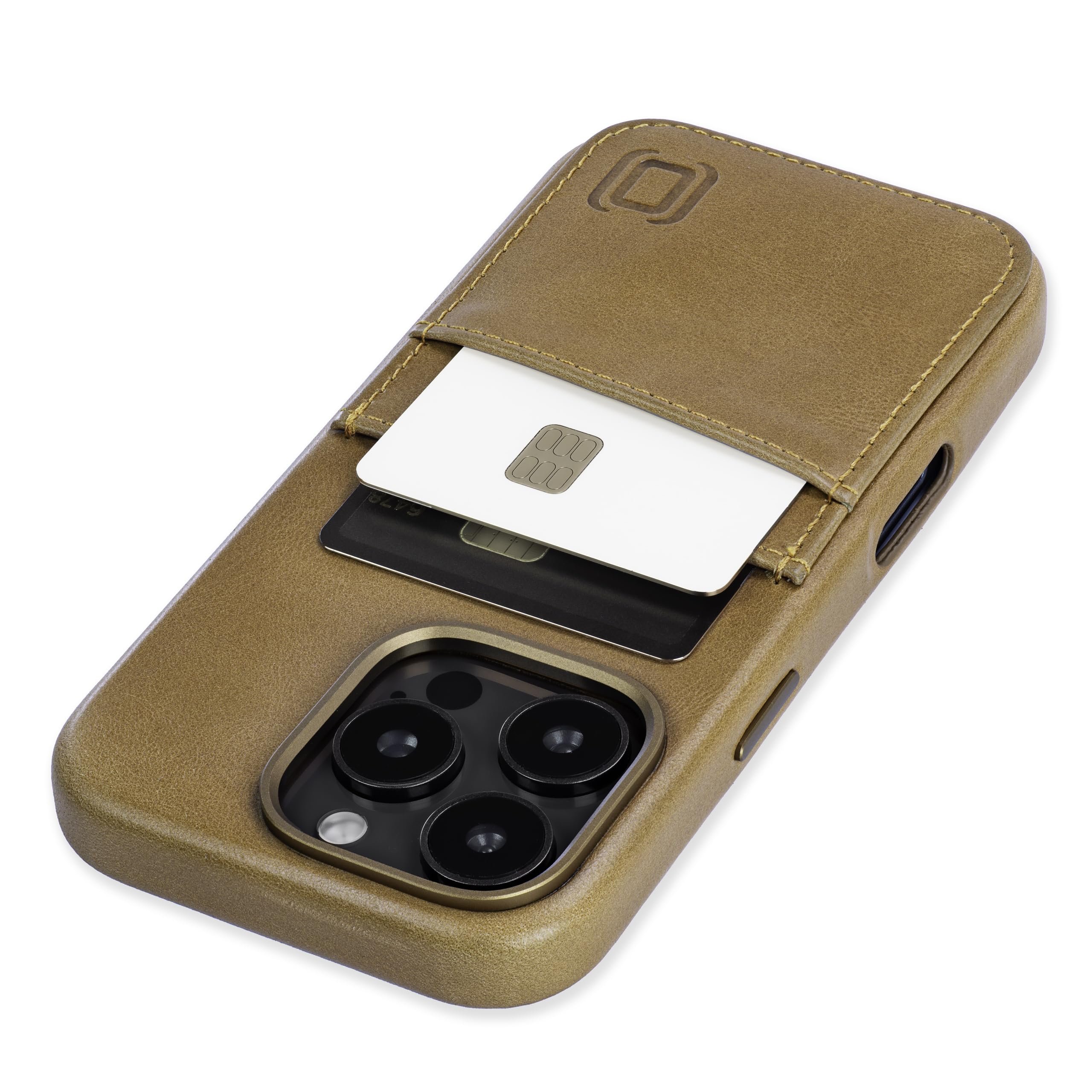 DockemGenuine Leather Card Case for iPhone 16 Pro with Built-in Metal Plate for Magnetic Mounting, Stitched-on Wallet with 2 Holder Slots (Light Brown, M2GL)