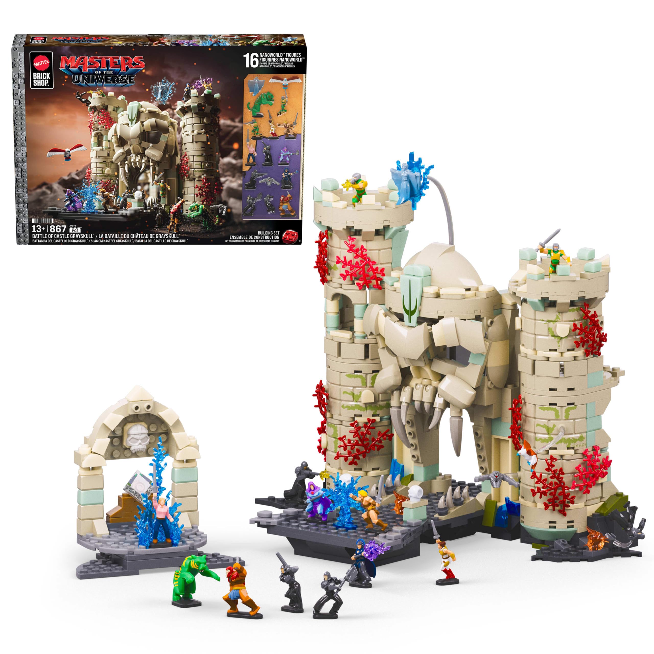 Mattel Brick Shop Masters of the Universe Battaglia Castello di Grayskull | Set da costruire, 867 pezzi e 16 personaggi, He-Man, Skeletor, per collezionisti adulti e ragazzi, 13+ anni, JMB32