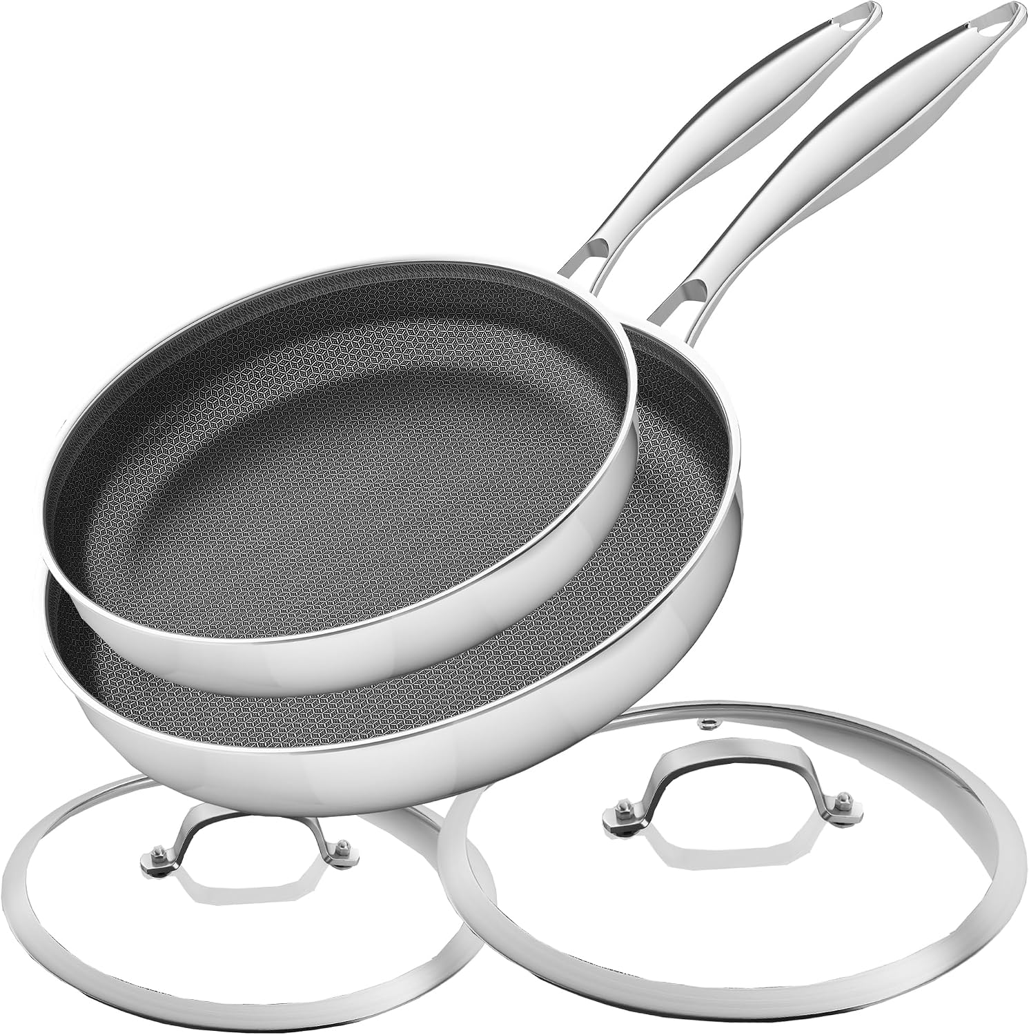 LOLYKITCH Frying Pan Set Nonstick10/12 Inch Stainless Steel Skillet with Detachable Handle and Glass Lids, Induction & Oven Safe, Professional Non-Toxic PFOA Free Pans for Everyday Cooking