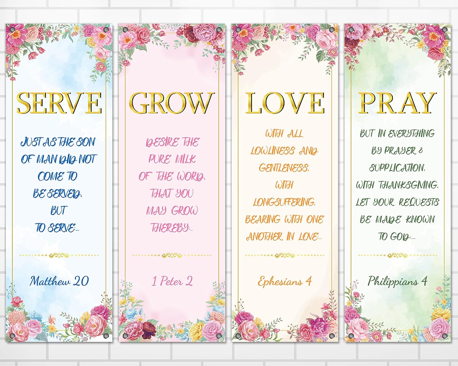 party greeting 4Pcs Pink Floral Church Banners for Sanctuary Wall Welcome Religious Banners Hanging Backdrop Bible Verses Banner Scripture Church Hanging Signs for Church School Decor
