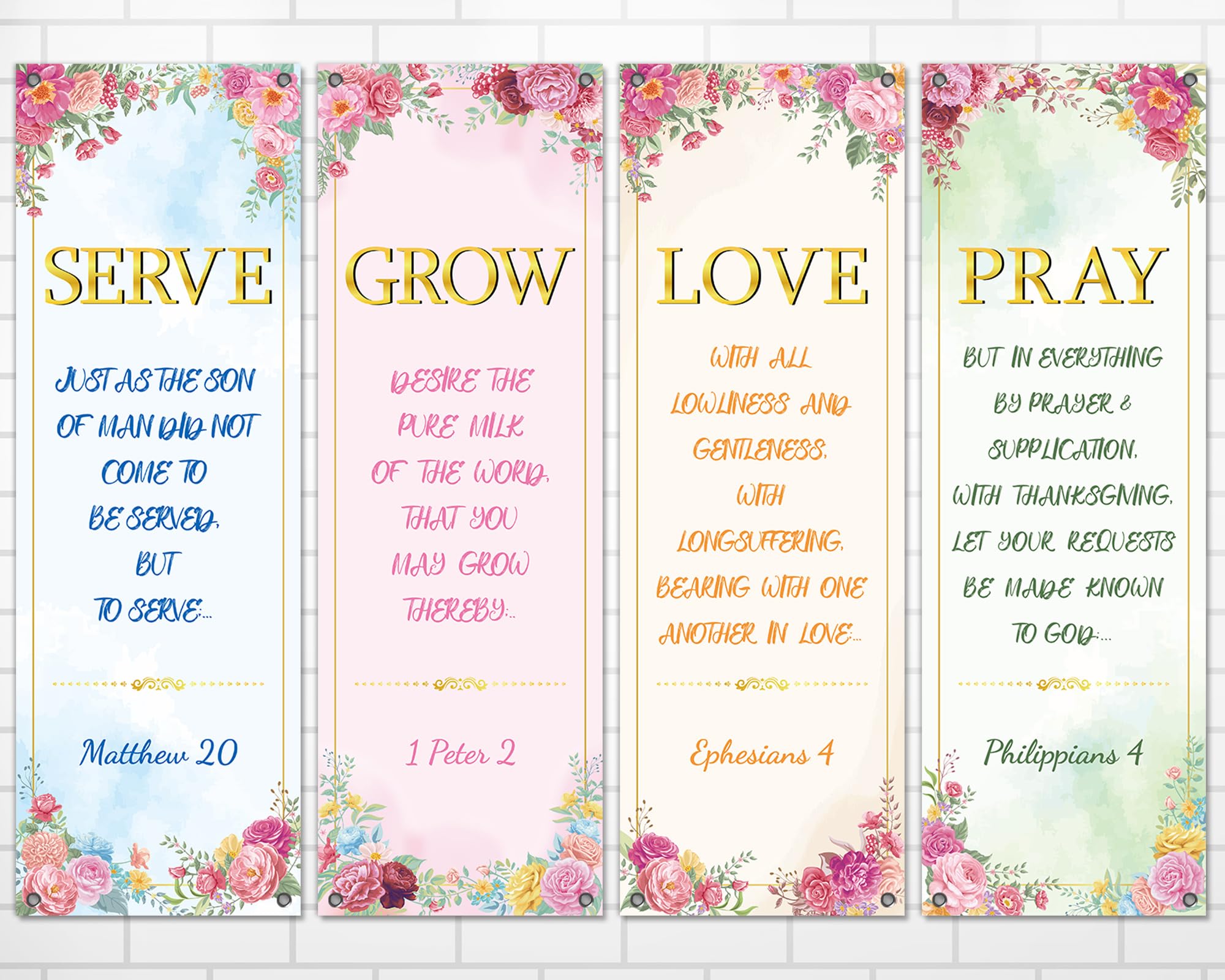4Pcs Church Banners for Sanctuary Wall Welcome Religious Banners Hanging Backdrop Pink Floral Church Hanging Signs Bible Verses Banner Scripture