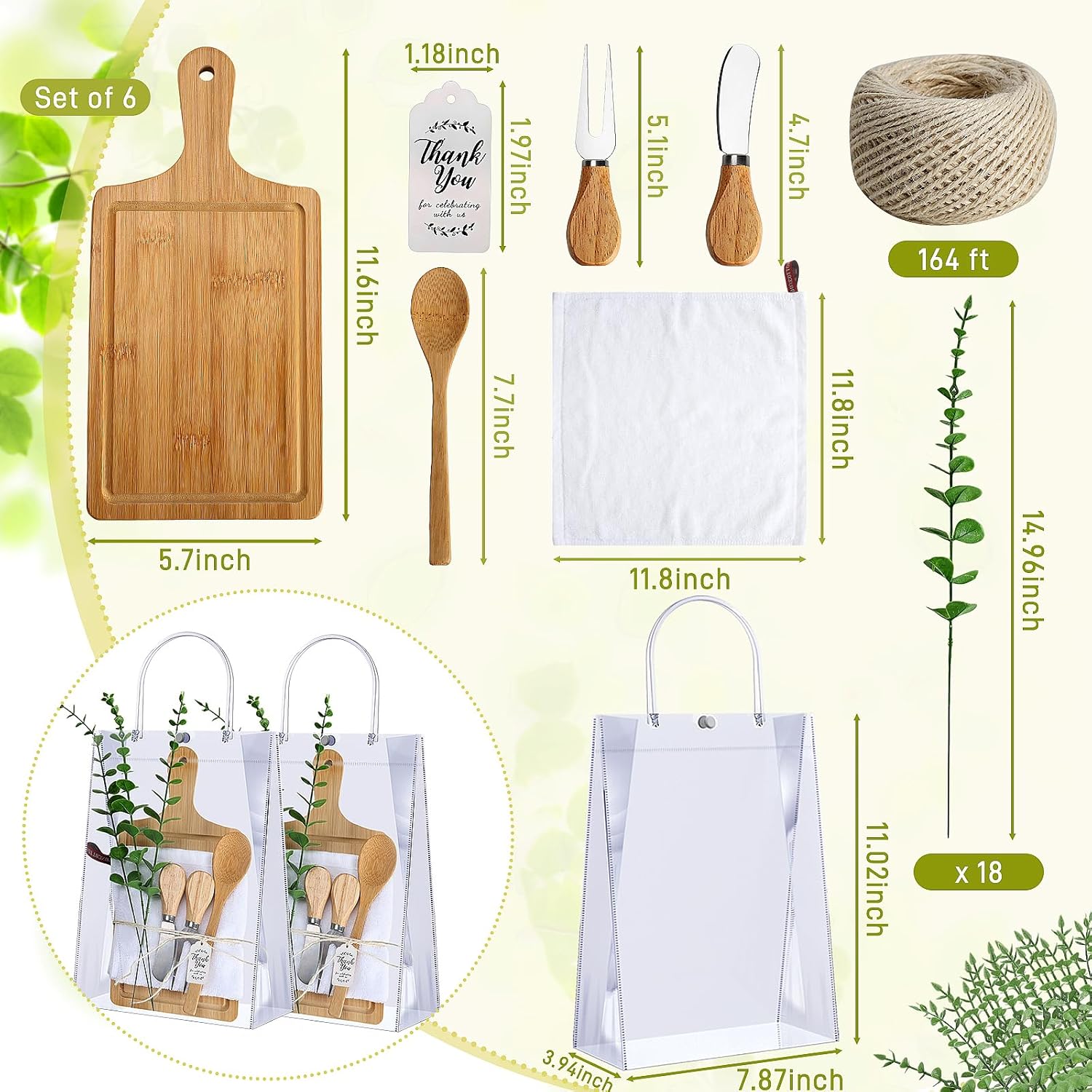 6 Sets Baby Shower Prizes for Game Winners 61Pcs Bridal Shower Prize Bamboo Cheese Board Artificial Eucalyptus Knives Spoons Bags Gift Thanks Card Set for Guests Wedding Baby Shower Favor