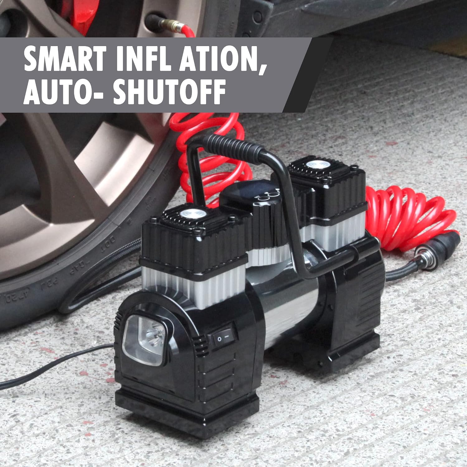 CARTMAN Dual Cylinder DC 12V Air Compressor for Car, Heavy Duty Portable Tire Inflator,Tire Pump 120PSI with LED Light for Auto,Truck,SUV, RV,Balls etc (Black)