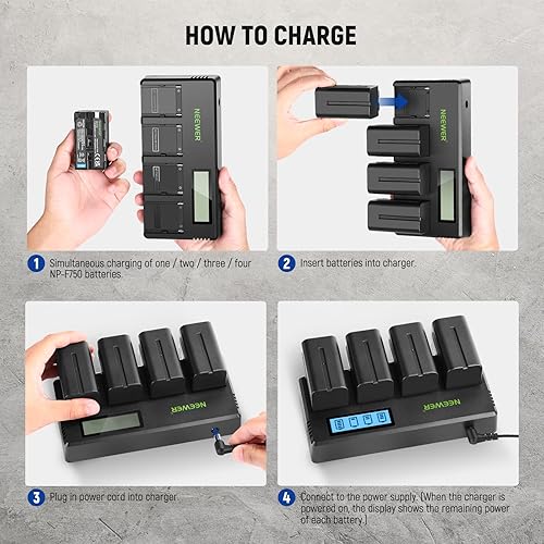Miniatura 7 de Neewer 4 Packs NP-F750 Replacement Batteries 7.4V 5600mAh with 4 Channel Battery Charger & Power Adapter, Compatible with NP-F550/750/770/970 FM500H