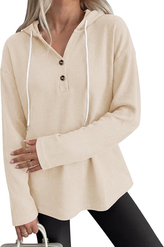ANRABESS Waffle Knit Hoodies for Women Lightweight Sweatshirt Beige M