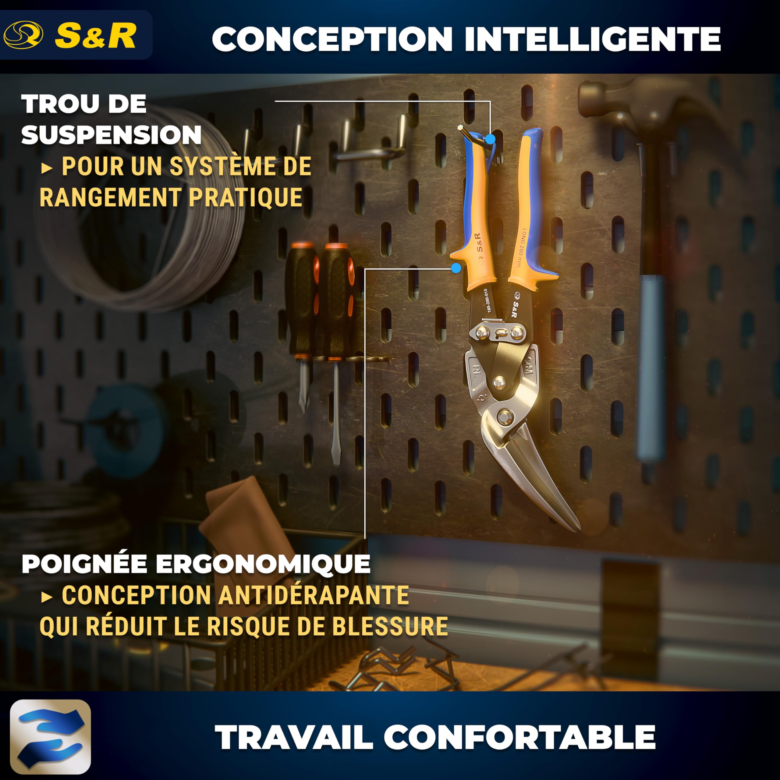 S&R Cisaille à Tôle Cisaille Plaquiste Rail Placo Couvreur Aviation Professionnelle 280 mm – Coupe à Droite – Lames Longues Dentelées CrMo pour Acier, Inox, Aluminium et Métaux Colorés