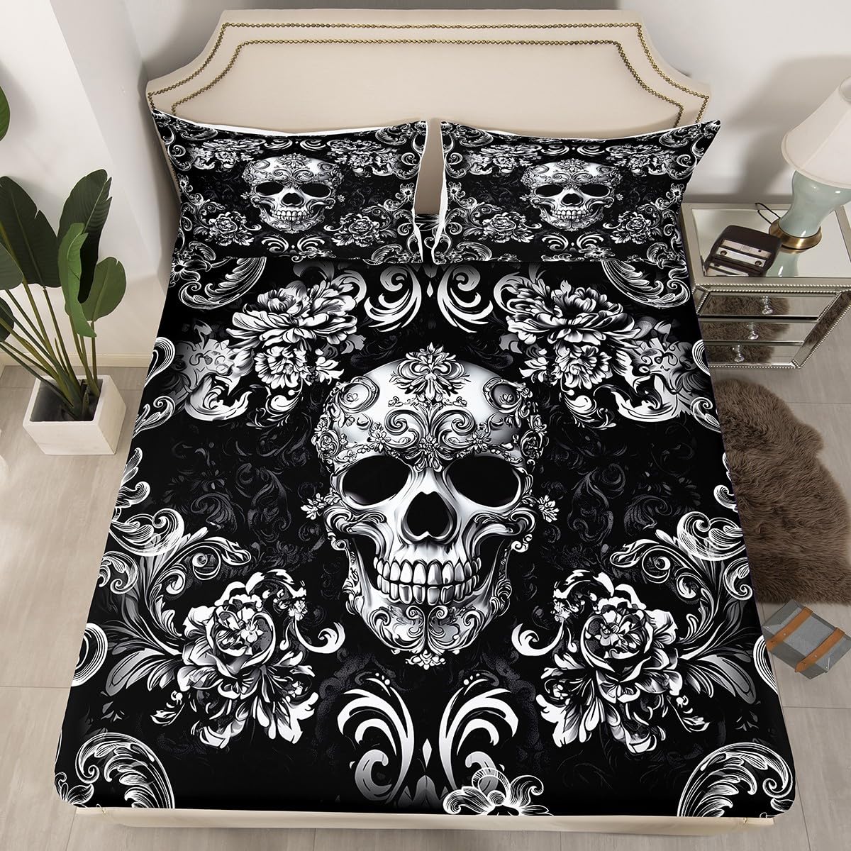 Halloween Flower Skeleton Fitted Sheet,Full Size Bohemian Victorian Style Retro Floral Collections,Gothic Skull Bedding Deep Pocket for Children Teens Young with 2 Pillowcases(No Flat Sheet)