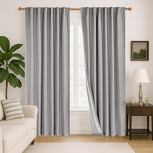 Miniatura 1 de Deconovo Cortinas 100% opacas de mezcla de lino de 52 x 84 pulgadas (2 paneles, gris) - Aislamiento térmico, reducción de ruido - Colgante de 3 vías