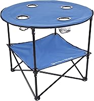 Wakeman Round 2-Tier Folding Camp Table with 4 Cupholders & Carrying Bag - Portable for Camping, Beach, Picnics, Tailgating - Blue