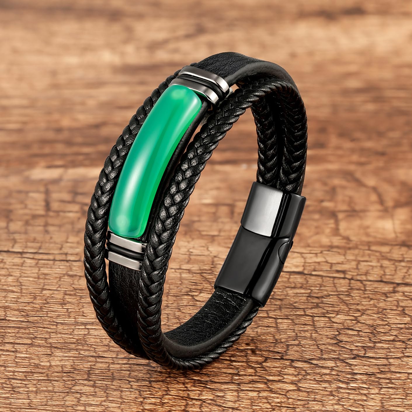 Ledergelenkbänder für Männer, Herren-Lederarmband, einfaches grünes Achatarmband, mehrschichtige geflochten