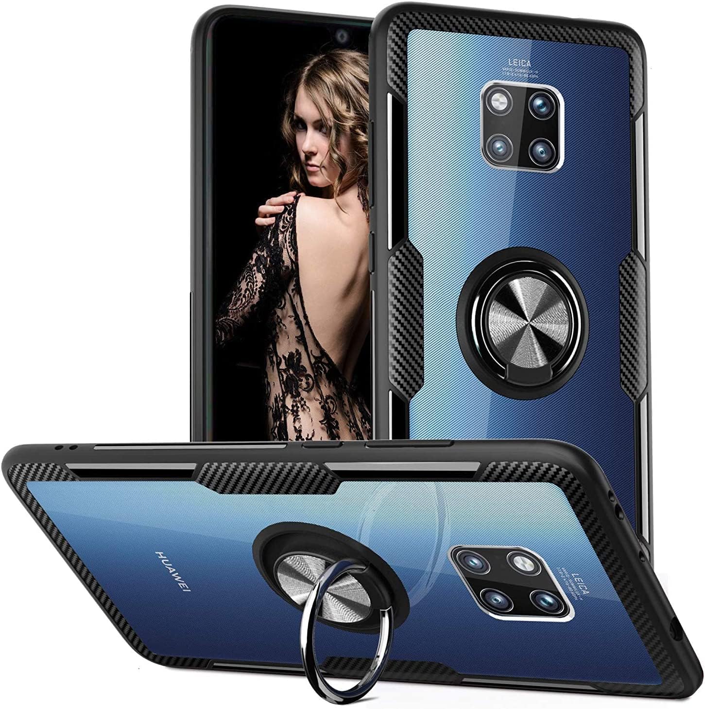 Huawei Mate 20 Pro Magnetic Case with 360 Rotating Ring Stand Holder - Clear Hard PC Back, Soft Silicone Gel Design, Thin Protective Cover for 6.39 inch 2018