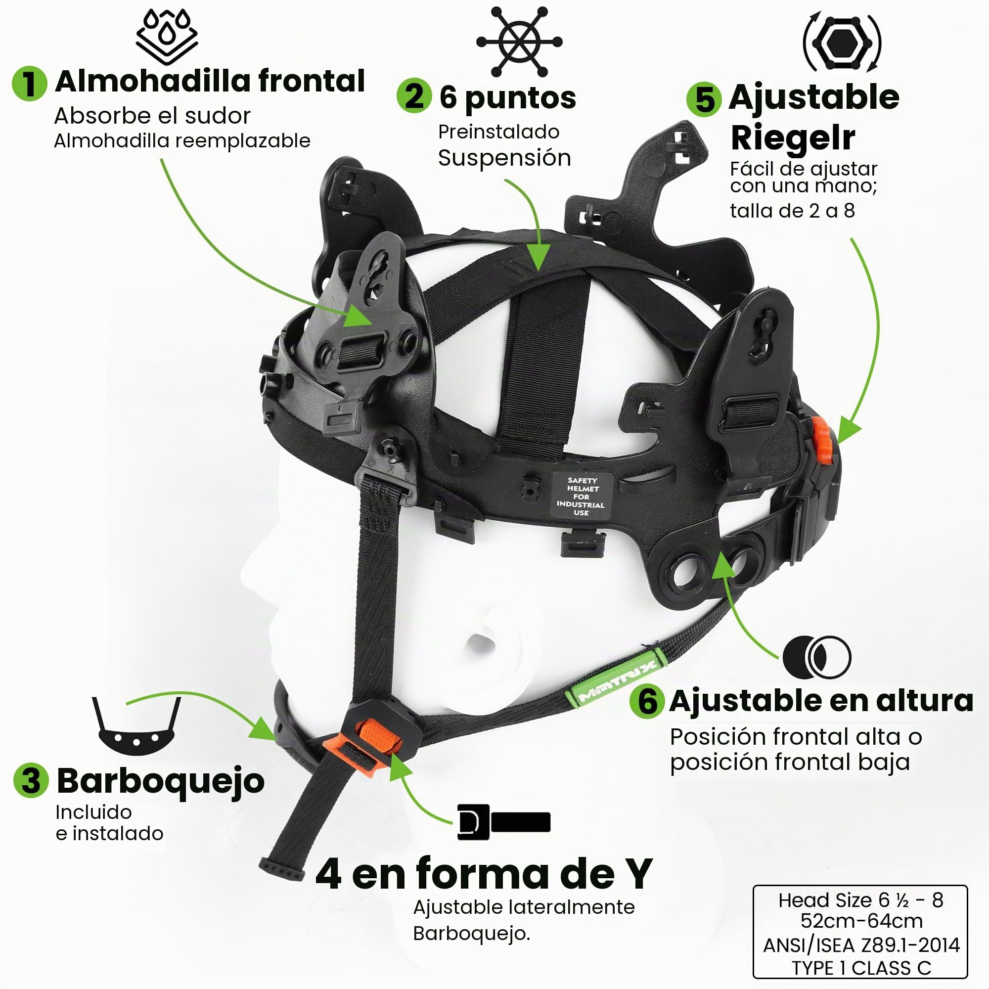 GREEN DEVIL Matrix Full Brim - Casco de seguridad EN 397 – Casco de protección con ventilación, linterna LED (IPX5), sistema de 6 puntos y forro interior ajustable – Ideal para construcción,