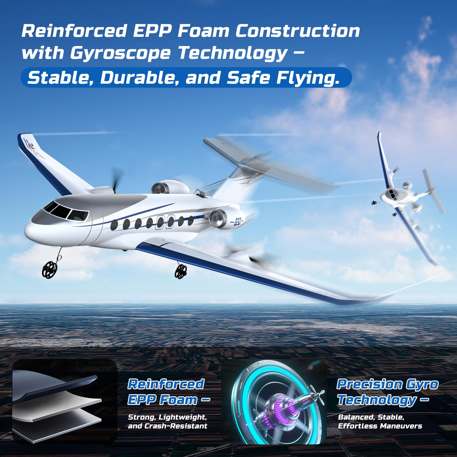 DEERC G650 Aereo Telecomandato Jet Privato, Aereo RC a 3 canali, 2,4 GHz, Stabilizzatore Giroscopico a 6 assi, Pronto a Volare (RTF), Facile da pilotare per Principianti, Bambini e Adulti.