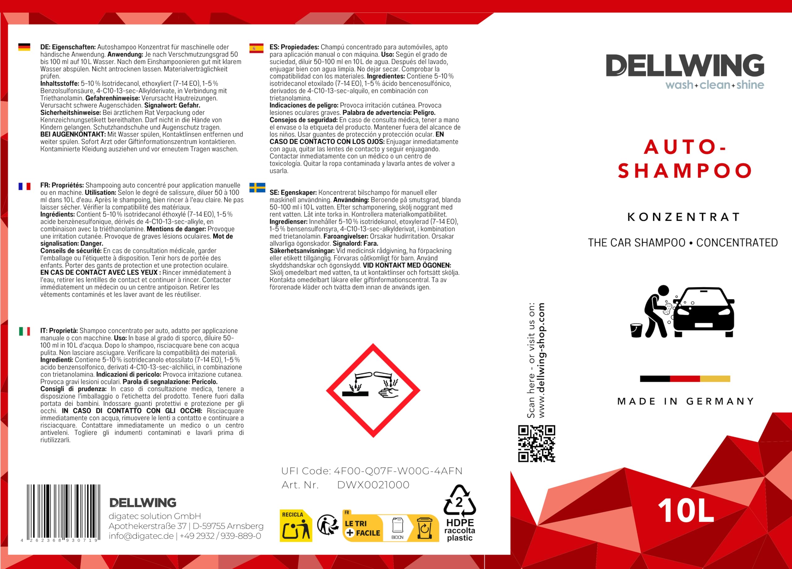 Dellwing Champú para coche concentrado 10 l, champú con fórmula de espuma activa, lavado y cuidado exterior del vehículo, fabricado en Alemania