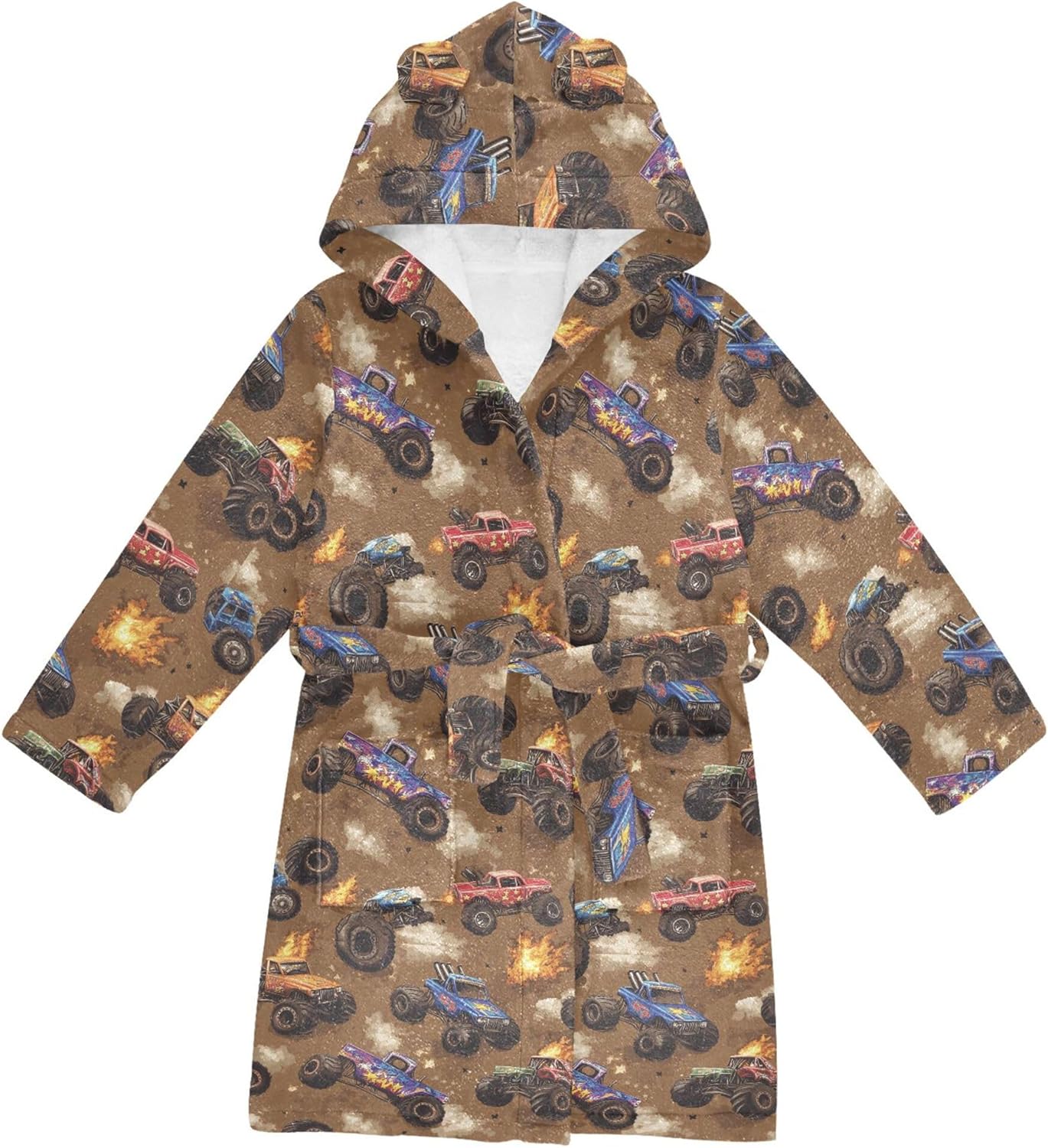 Monster Truck Cars Brown Bathrobe Hooded PJ Robe Plush Fleece Robe Pajama Sleepwear 2-12 Years